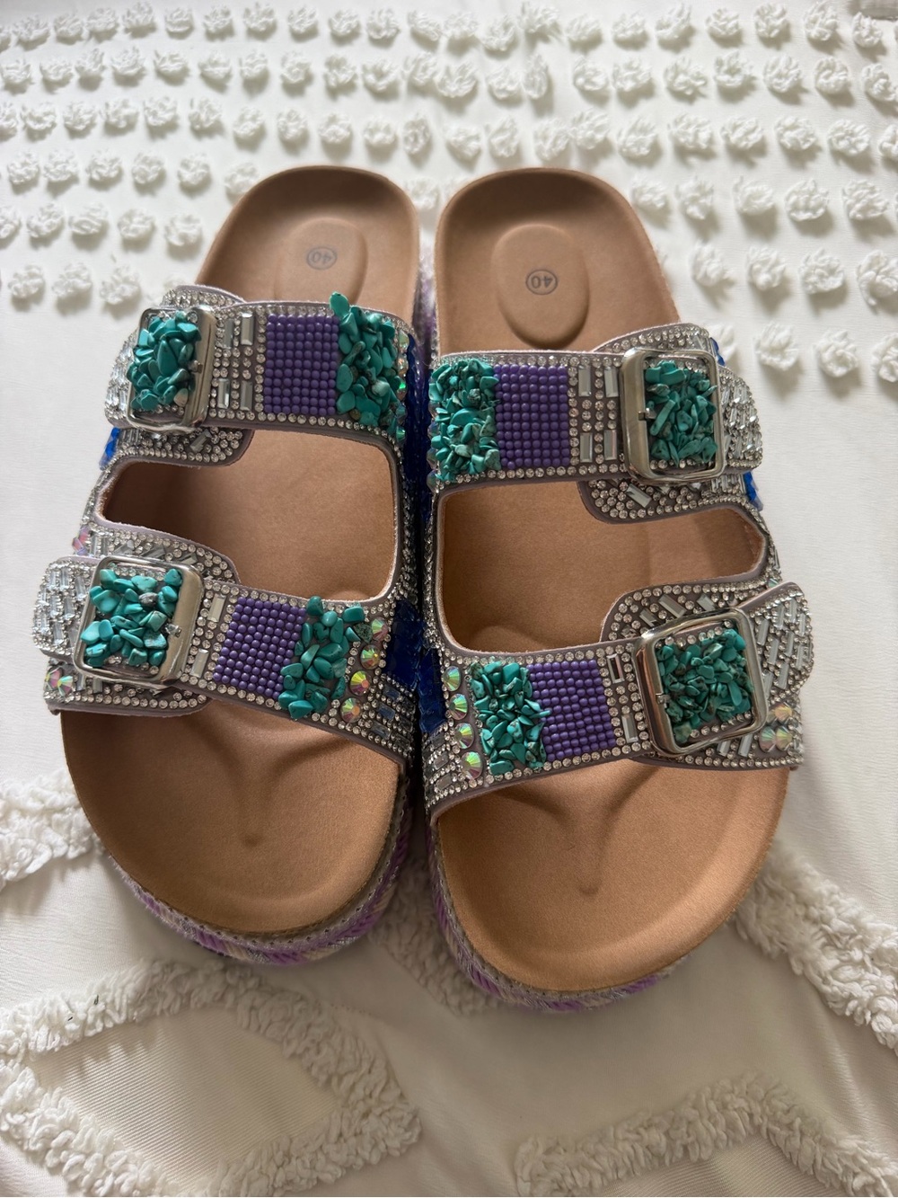 Embellished Purple & Teal Double-Buckle Slide Sandals